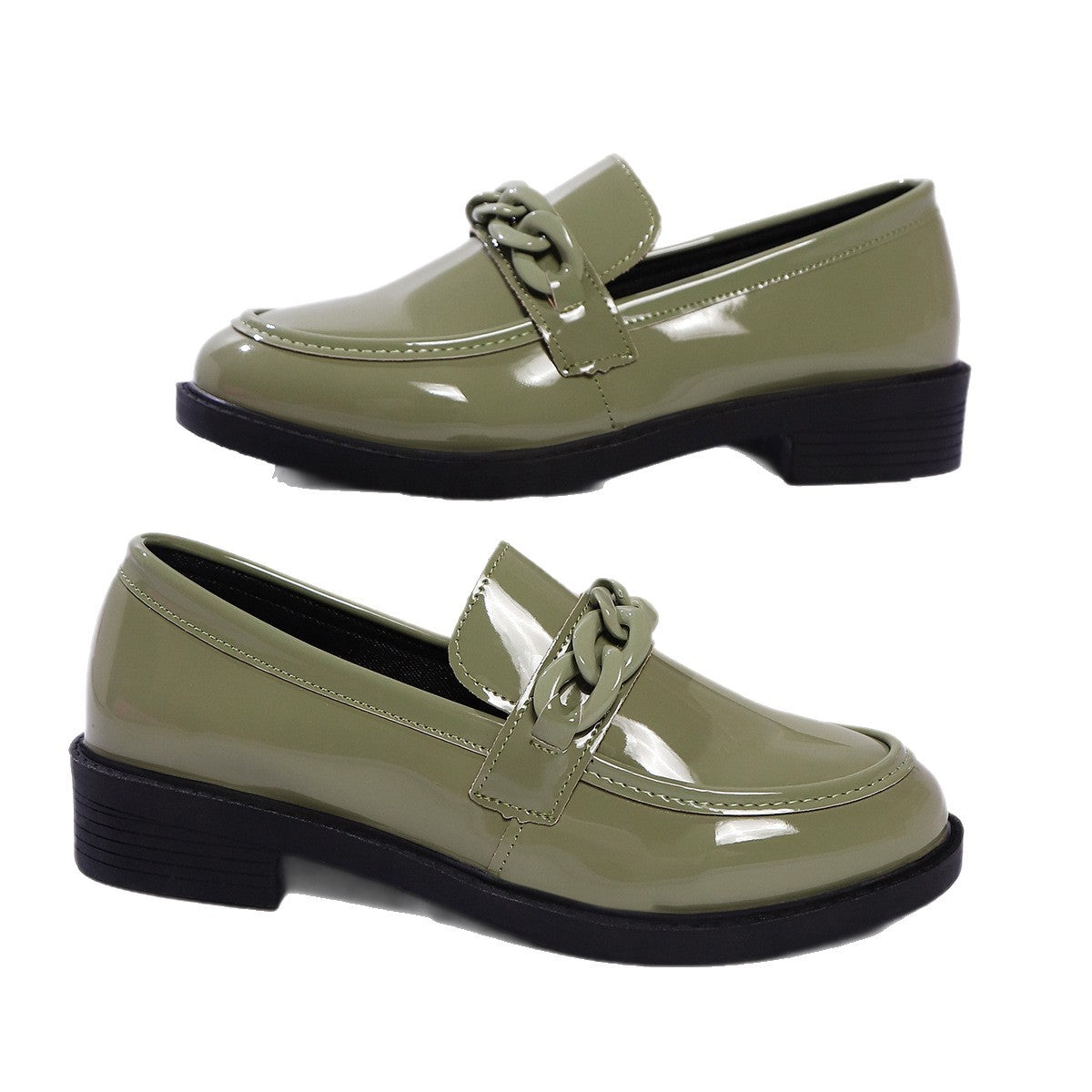 Pink Patent Leather Chain Detail Platform Loafers | Glossy Chunky Sole Slip-On Flat Shoes for Women