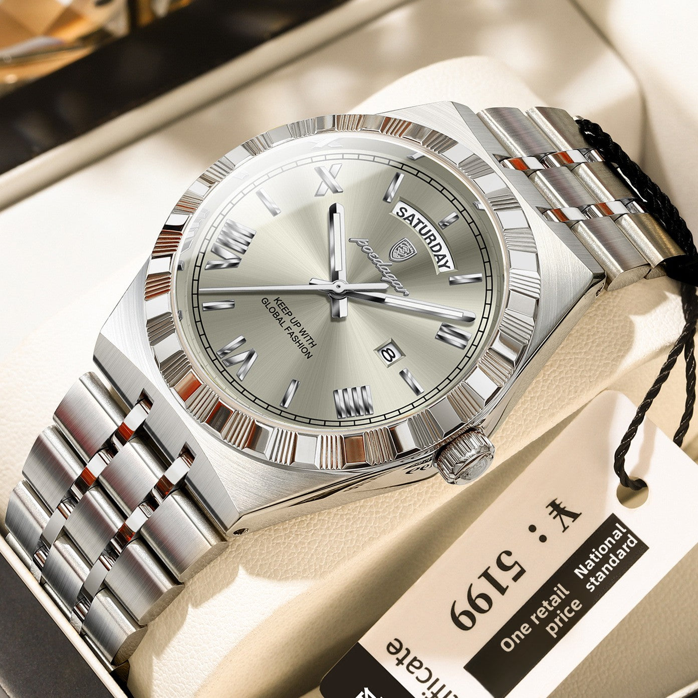 Poedagar Silver Stainless Steel Black Dial Luxury Watch | Day Date Roman Numeral Men's Dress Watch | Waterproof Quartz Wristwatch
