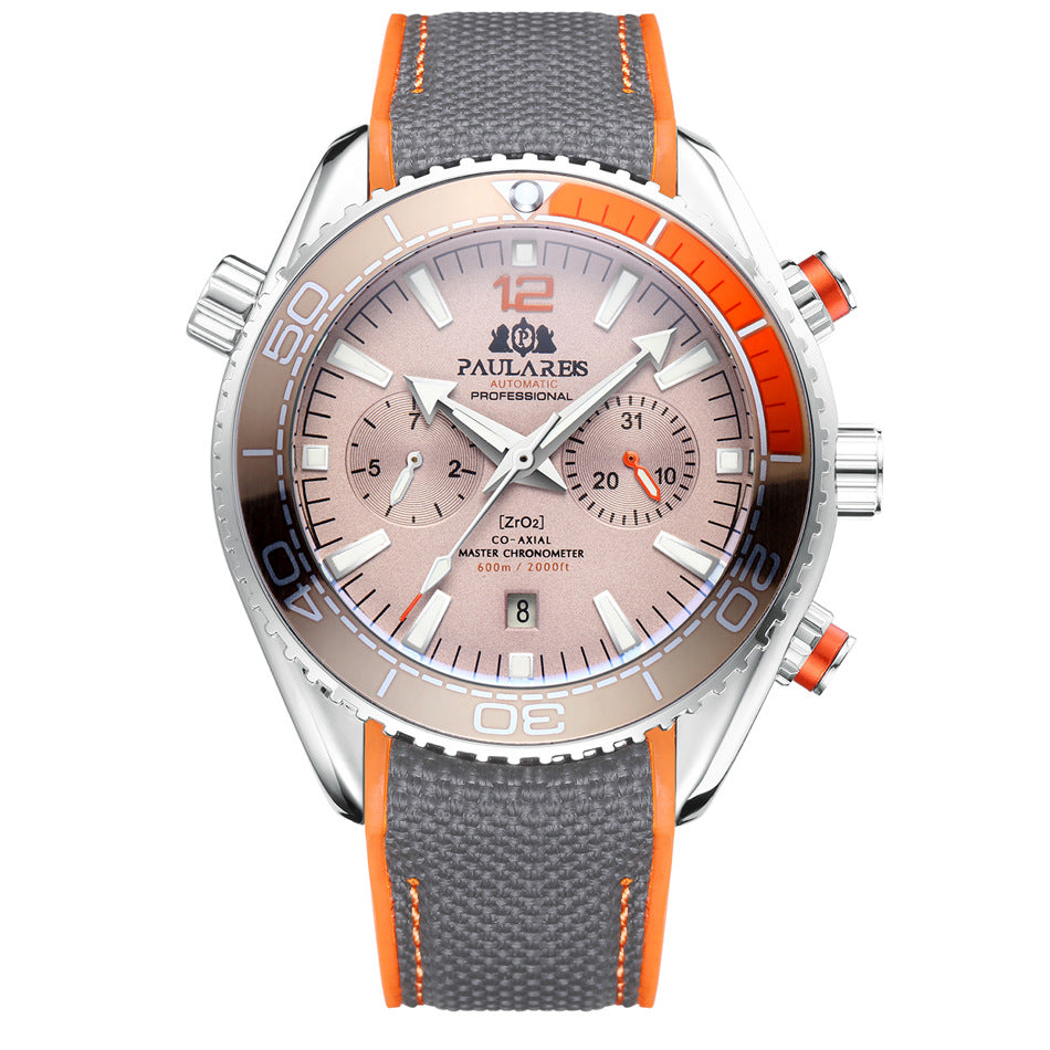 Paulareis Automatic Professional Diver Chronograph Watch | ZrO2 Co-Axial Master Chronometer 600m | Black & Orange Rubber Strap Men's Watch
