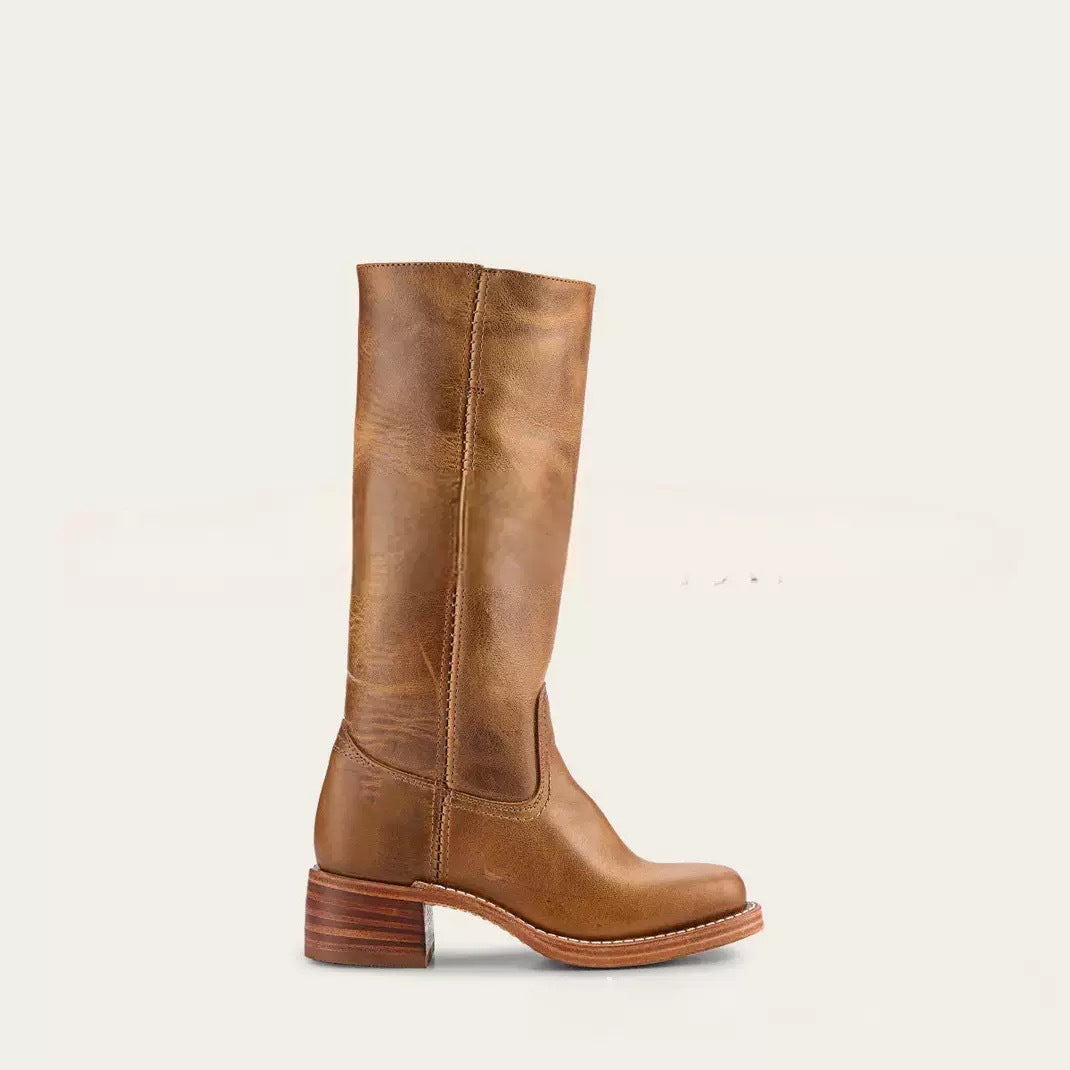 Women's Black Leather Knee High Riding Boots - Tall Pull On Western Boot with Block Heel & Square Toe - Classic Equestrian Style Boots for Fall Winter - Premium Smooth Leather