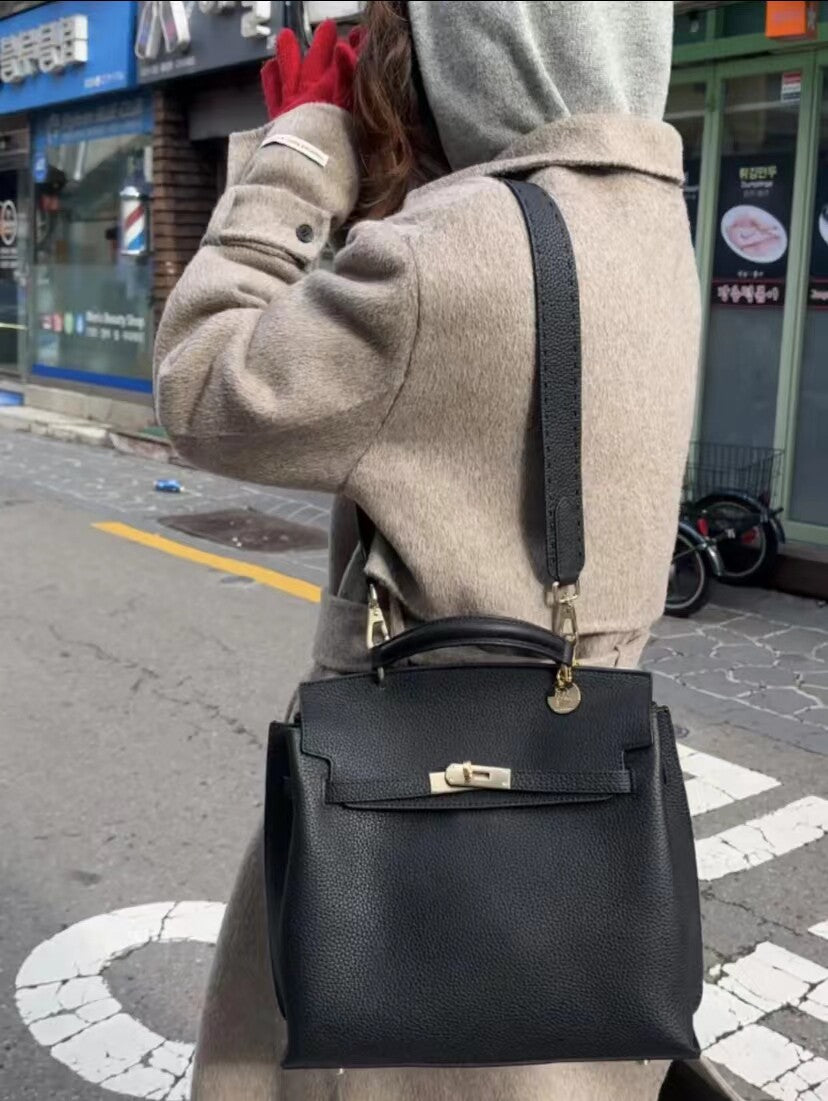Beige Structured Crossbody Bag with Lock Closure - Designer Inspired Trapezoid Handbag | Luxury Style Shoulder Bag