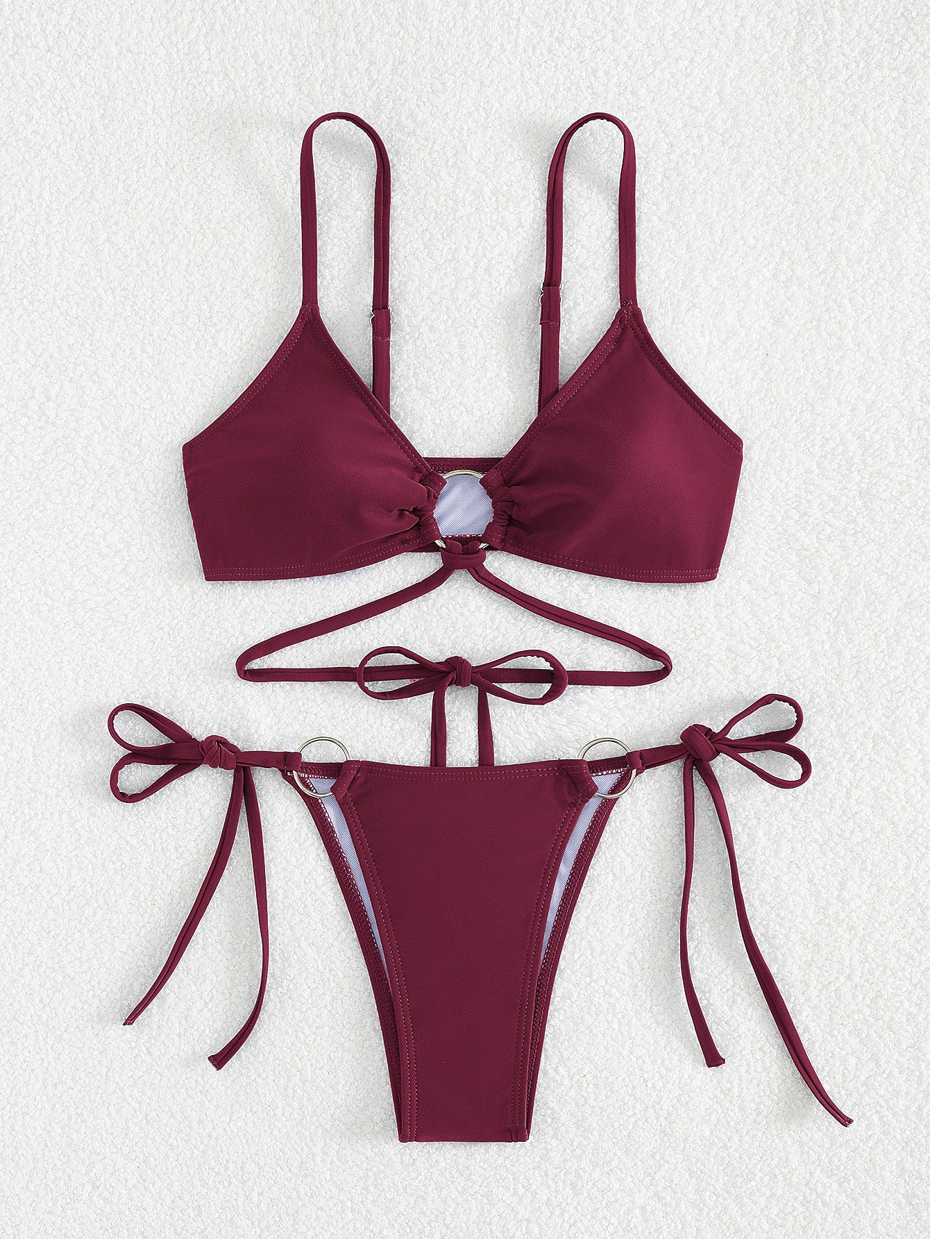 Set Bikini Con Anelli A O In Rosso Borgogna | Top Triangolo Con Anello Centrale E Slip Perizoma Con Anello Doppio E Laccetti | Costume Da Bagno Due Pezzi Sexy Con Spalline Per Donna