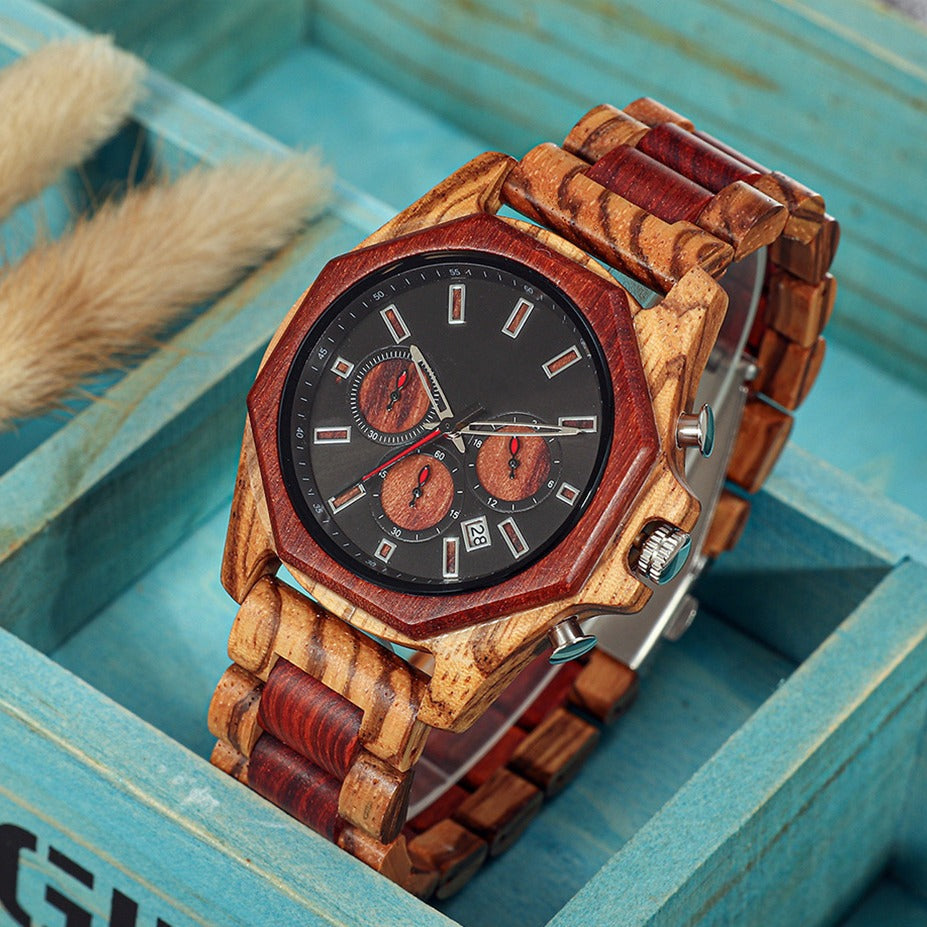 Men's Handcrafted Wooden Chronograph Watch | Zebra & Red Sandalwood Two-Tone Band | Octagonal Case, Roman Numerals & Date Display | Eco-Friendly Luxury Timepiece