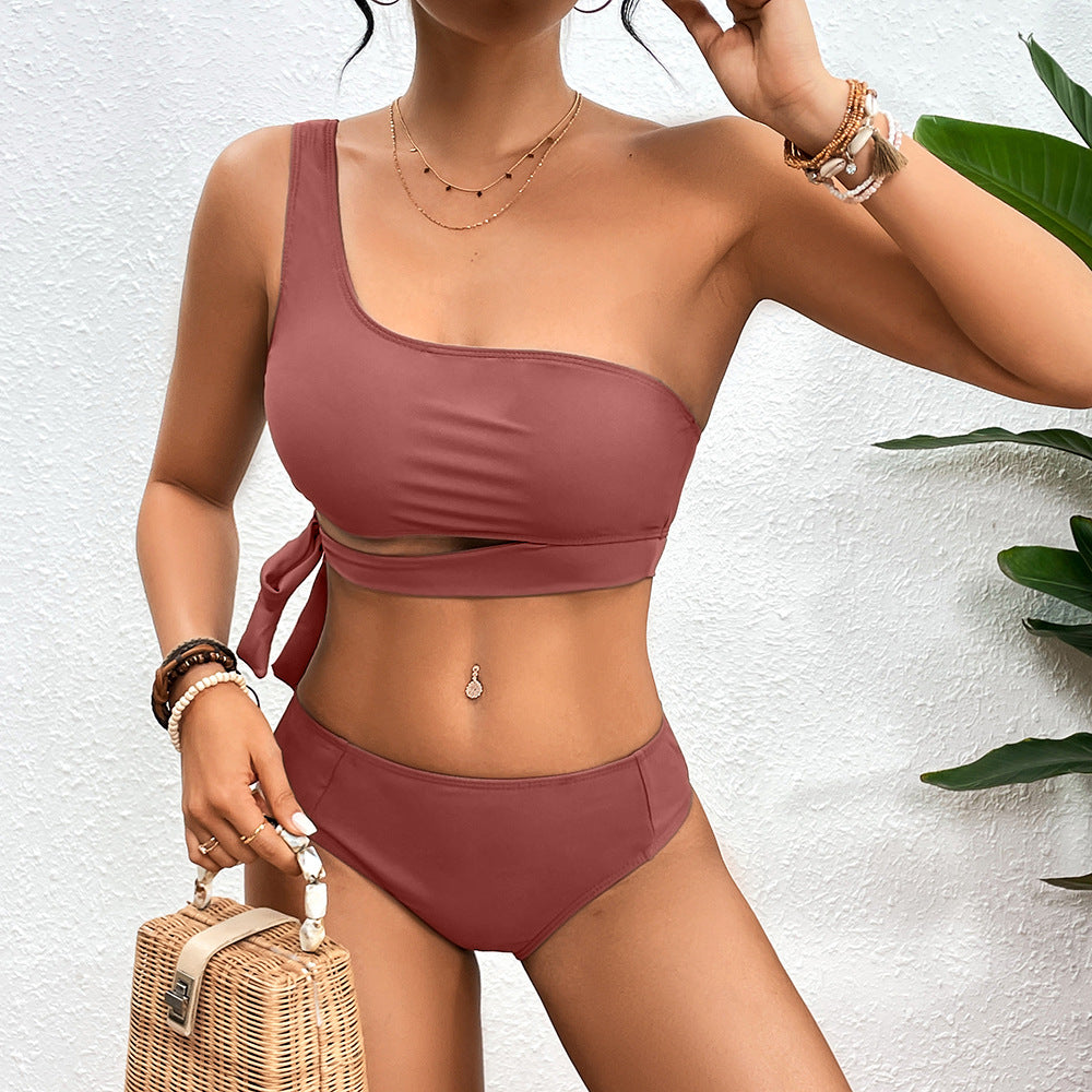 Olive Green One Shoulder Bikini Set, Wrap Tie Crop Top & High Waist Bottom, Women Solid Asymmetric Swimwear, Chic Resort Beach Swimsuit, Sage Green Two Piece Bathing Suit