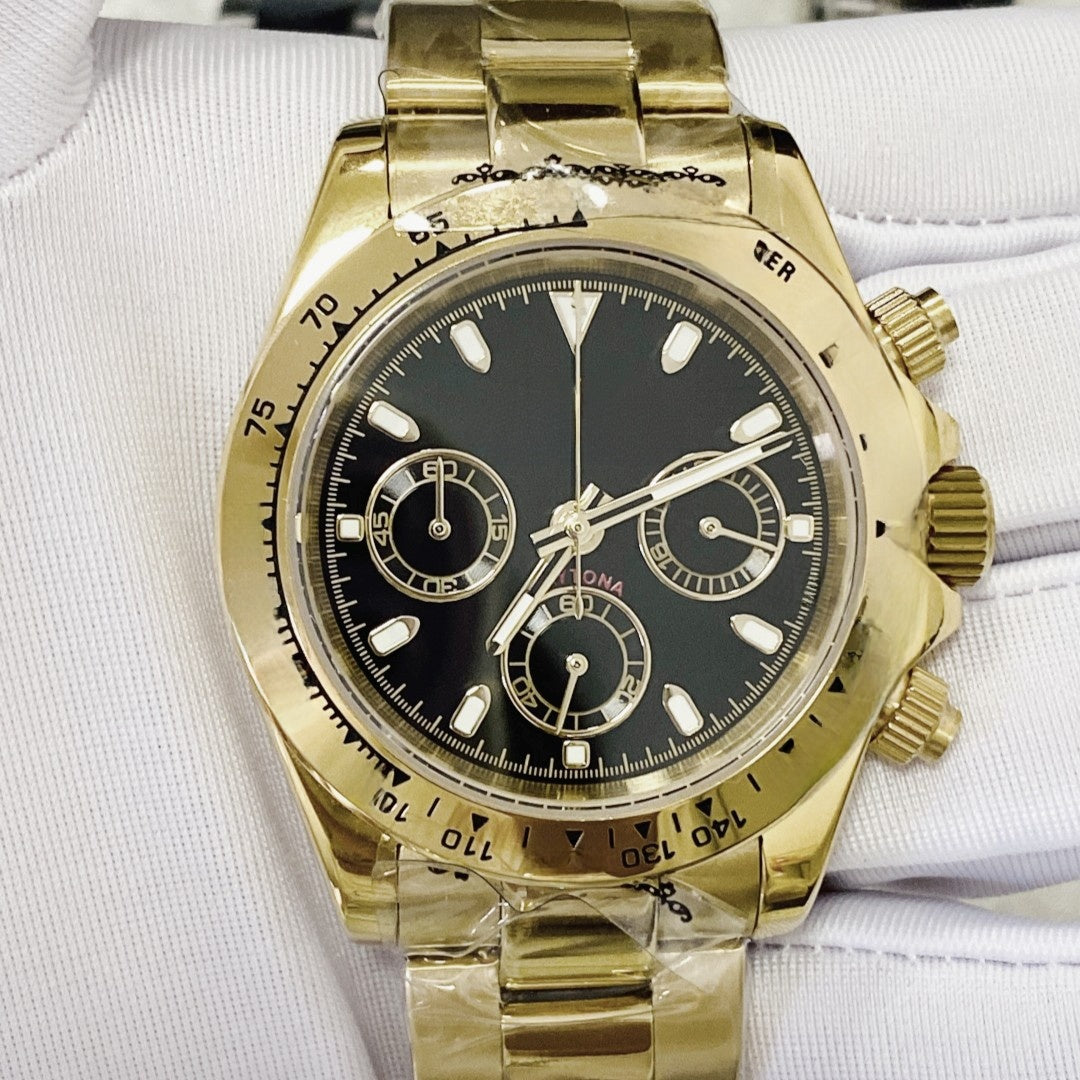 Seiko Ice Blue Chronograph Watch Men | Black Ceramic Tachymeter Bezel | 904L Steel Oyster Bracelet | Triple Sub-Dial Sport Watch