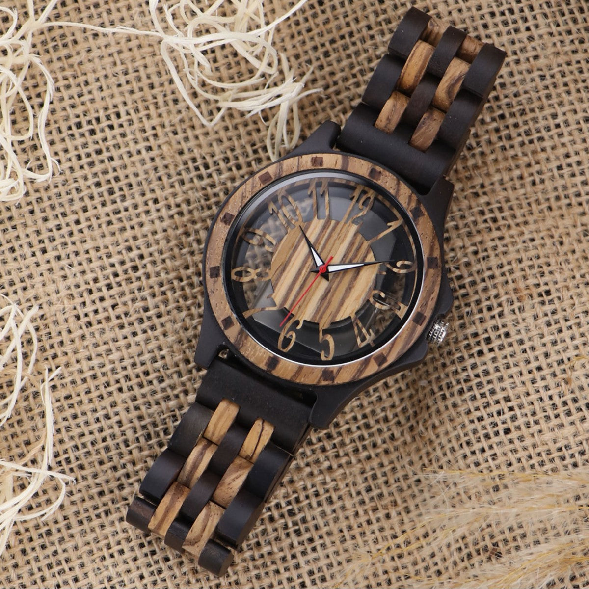 Handcrafted Zebra Wood & Ebony Wooden Watch for Men | Hollow Skeleton Dial Luxury Timepiece