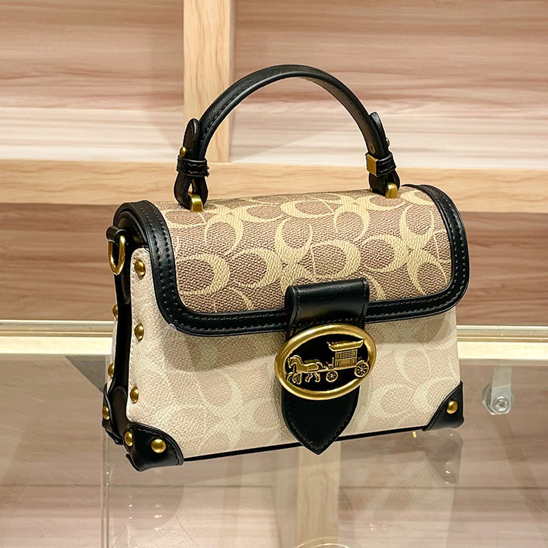Genuine Leather Signature Monogram Mini Top Handle Crossbody Bag - Tan Canvas with Pink & Green Colorblock Trim - Gold Horse Carriage Turn Lock Flap Satchel - Women's Designer Style Handbag