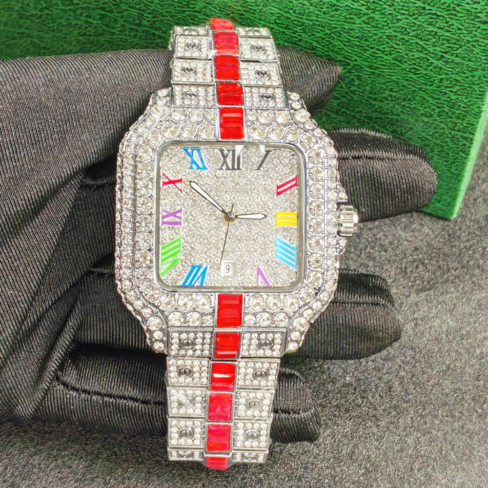 Iced Out Square Watch Men | Black CZ Blue Sapphire Baguette | Roman Numeral Blue Pave Dial | Hip Hop Luxury Date Watch