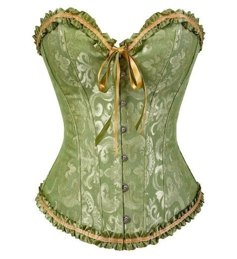 Red Brocade Overbust Corset | Black Ruffle Trim Bow Detail Boned Bustier Waist Cincher Women Halloween Burlesque Corset Top