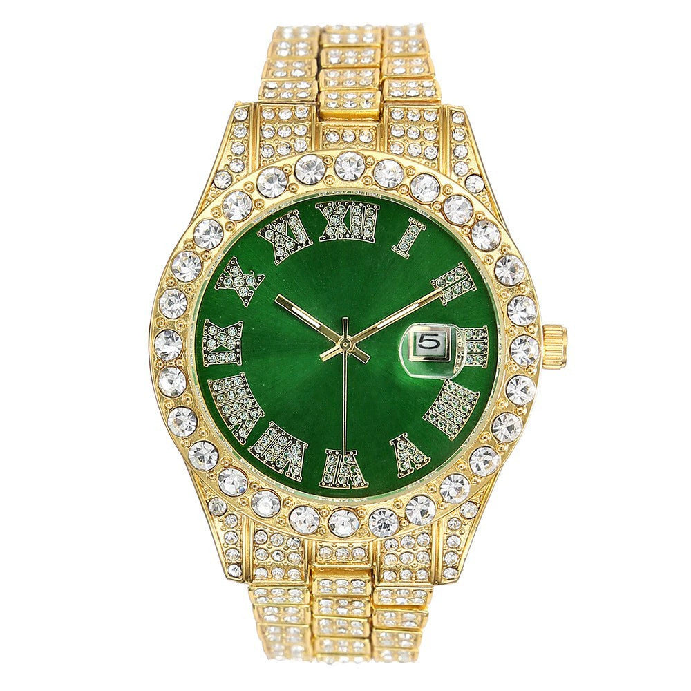 Iced Out Silver Watch | Green Sunburst Dial Diamond Roman Numerals | Full Crystal Bezel & Bracelet Mens Hip Hop Quartz Watch