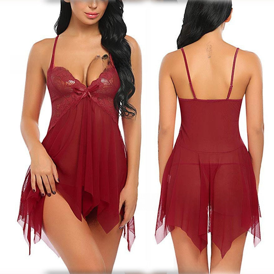 Women's Lace Mesh Babydoll Lingerie Set - Sheer V-Neck Nightgown with Bow Detail | Black Green White Red