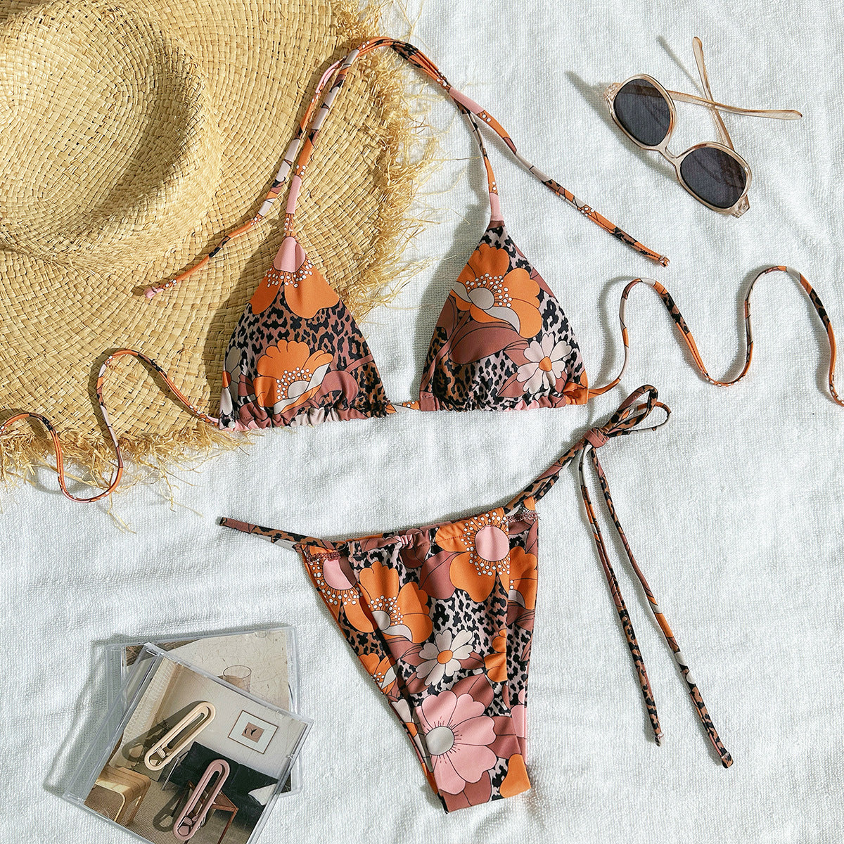 Retro Floral Mixed Print Bikini Set, Wrap Around Tie Top & String Bottom, Women Boho Patchwork Swimwear, 70s Vintage Beach Swimsuit, Brown Pink Halter Bikini