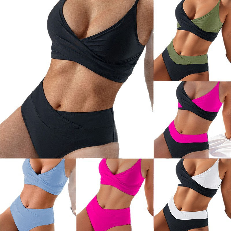 Crossover Wrap V-Neck Bikini Set | Ruched Crop Top & High Waist Color Block Bottoms | Sporty Flattering Two Piece Swimsuit Women Multiple Colors