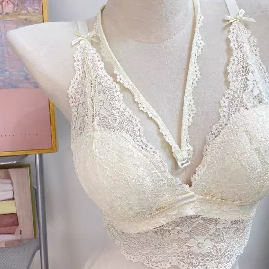 Black Deep Plunge Halter Lace Bralette | Strappy V Neck Wirefree Bra | Women's Sexy Longline Floral Lingerie Bralette