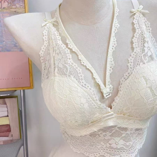 Schwarzer, tief ausgeschnittener Neckholder-Spitzen-Bralette | Trägerloser V-Ausschnitt Bügelloser BH | Sexy Damen Longline-Blumen-Dessous Bralette