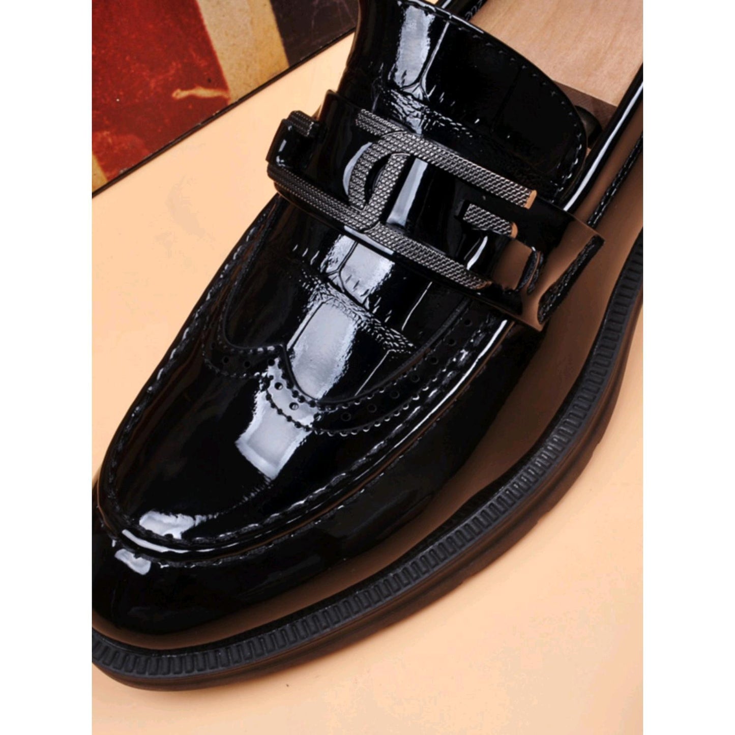 Men's Black Patent Leather Brogue Loafers | Decorative Buckle Strap Chunky Sole Slip-On Dress Shoes