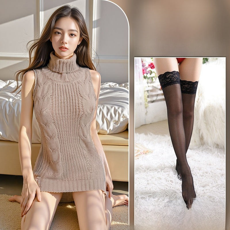 Weißes Zopfstrick-Neckholderkleid & Strumpfhalter-Set | 2-teilige Loungewear | Sexy Mini-Strickkleid mit Rollkragen 