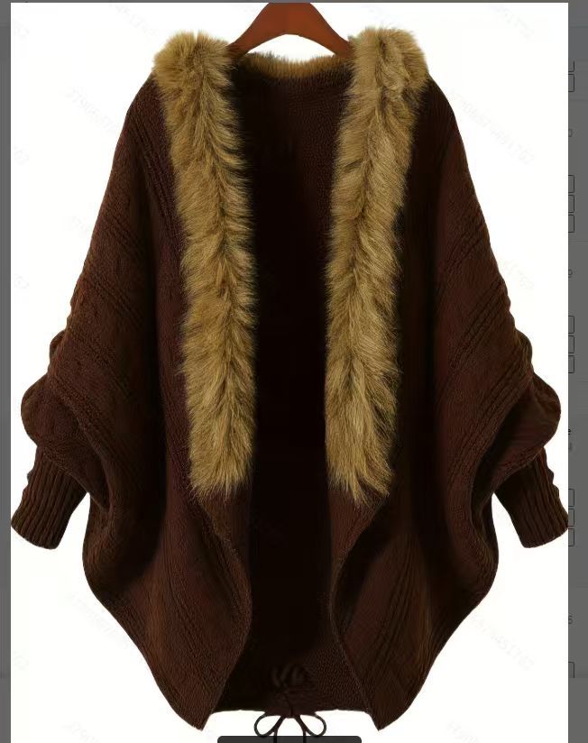 Damen Oversize Zopfmuster-Cardigan mit Kunstfellkragen – Fledermausärmel, offene Vorderseite, Tunnelzug an der Taille, Pullover-Mantel – Gemütlicher Winter-Wickelcardigan in Beige-Camel