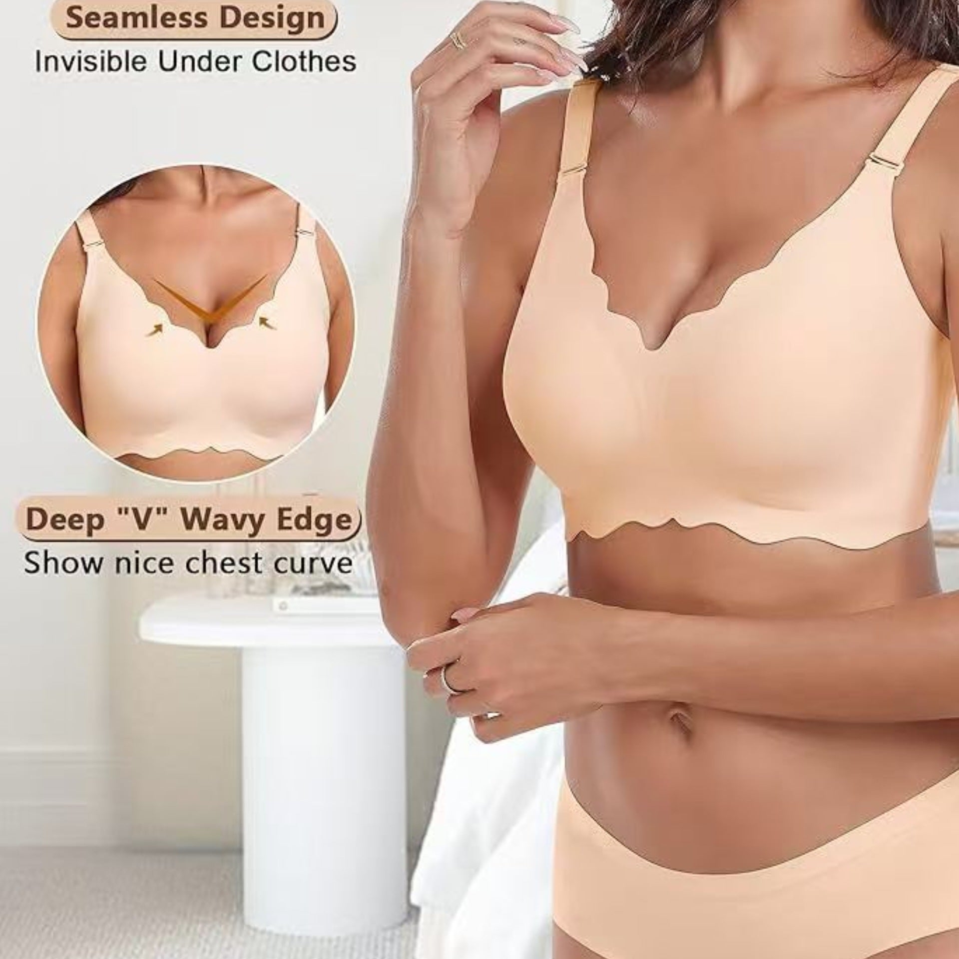 Women's Nude Seamless Wireless Lifting Bra with Scallop Edge, Adjustable Straps and Back Hook Closure for Comfort Support