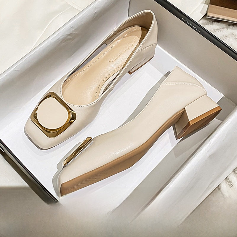 Cream Square Toe Gold Metal Buckle Pumps Women Slip On Mid Heel Elegant Office Party Dress Shoes