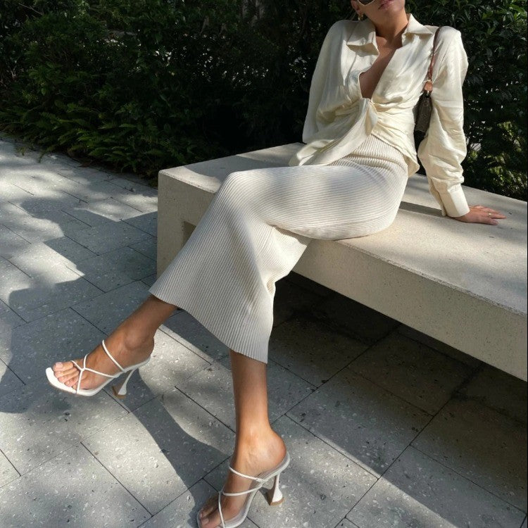 White Strappy Sculptural Heel Mules | Square Toe Thin Strap Flared Heel Sandals for Women