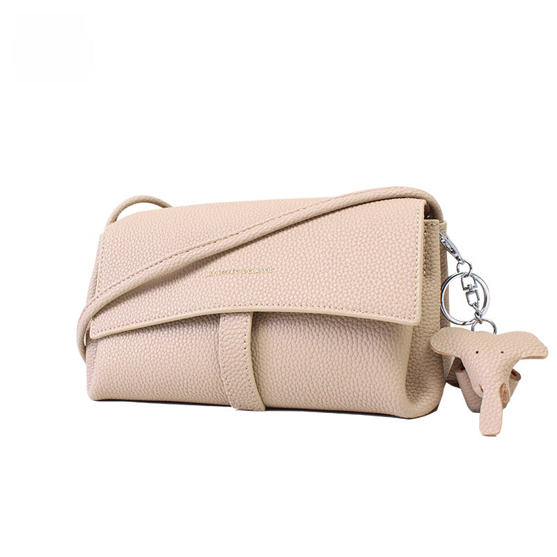 Beige Pebbled Leather Crossbody Bag - Soft Slouchy Shoulder Bag with Dog Charm | Minimalist Wide Strap Purse