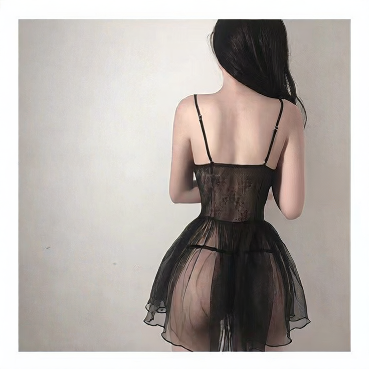 Women's Black Lace Corset Mesh Ruffle Mini Slip Dress ? Sexy Sheer Boned Babydoll Nightgown Lingerie