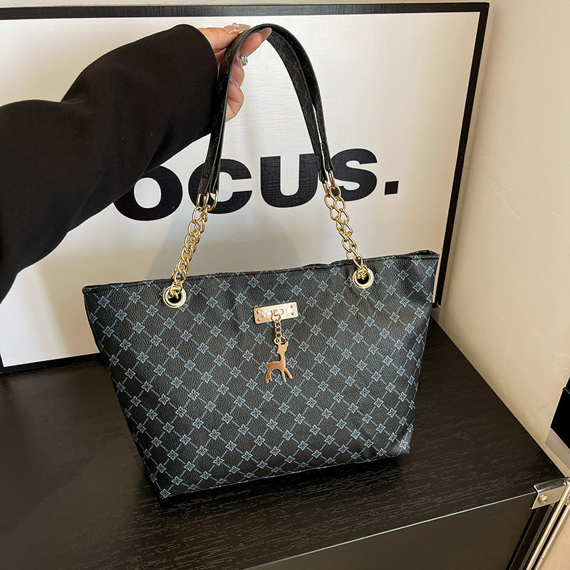 Black Monogram Pattern Chain Strap Tote Bag Gold Deer Charm Lock Detail Shoulder Bag | Women Luxury Designer Inspired Large Everyday Handbag Purse