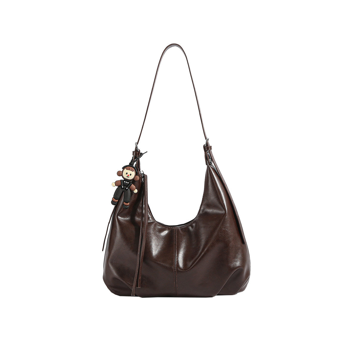 Dark Brown Leather Hobo Bag with Monkey Charm | Soft Slouchy Shoulder Bag