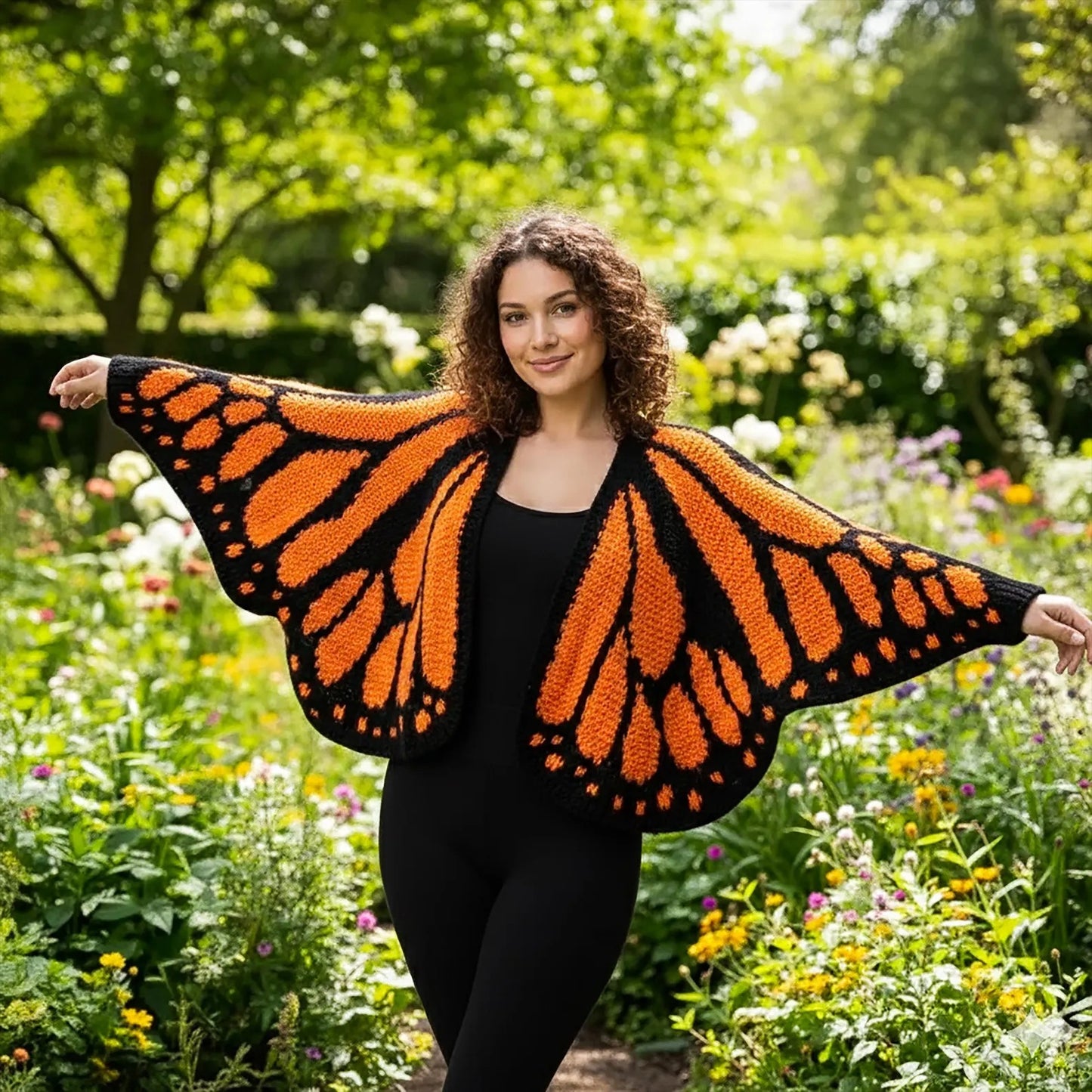 Butterfly Wing Knit Cardigan Women | Pink & Black Monarch Oversized Shawl Wrap Sweater | Boho Fairy Cottagecore Jacket