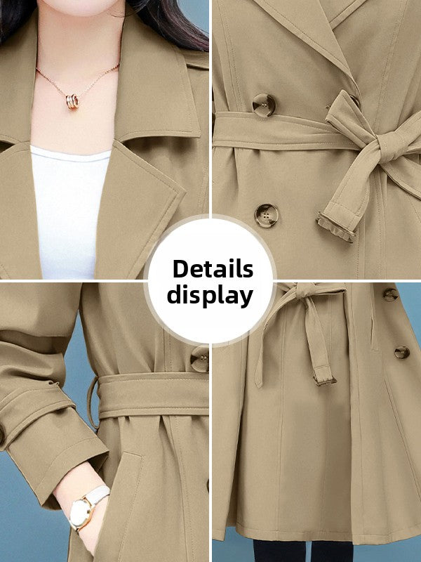 Women's Double-Breasted Trench Coat | Classic Khaki Mid-Length Windbreaker with Notch Lapel & Cuff Buttons | Elegant Slim Fit Autumn Overcoat