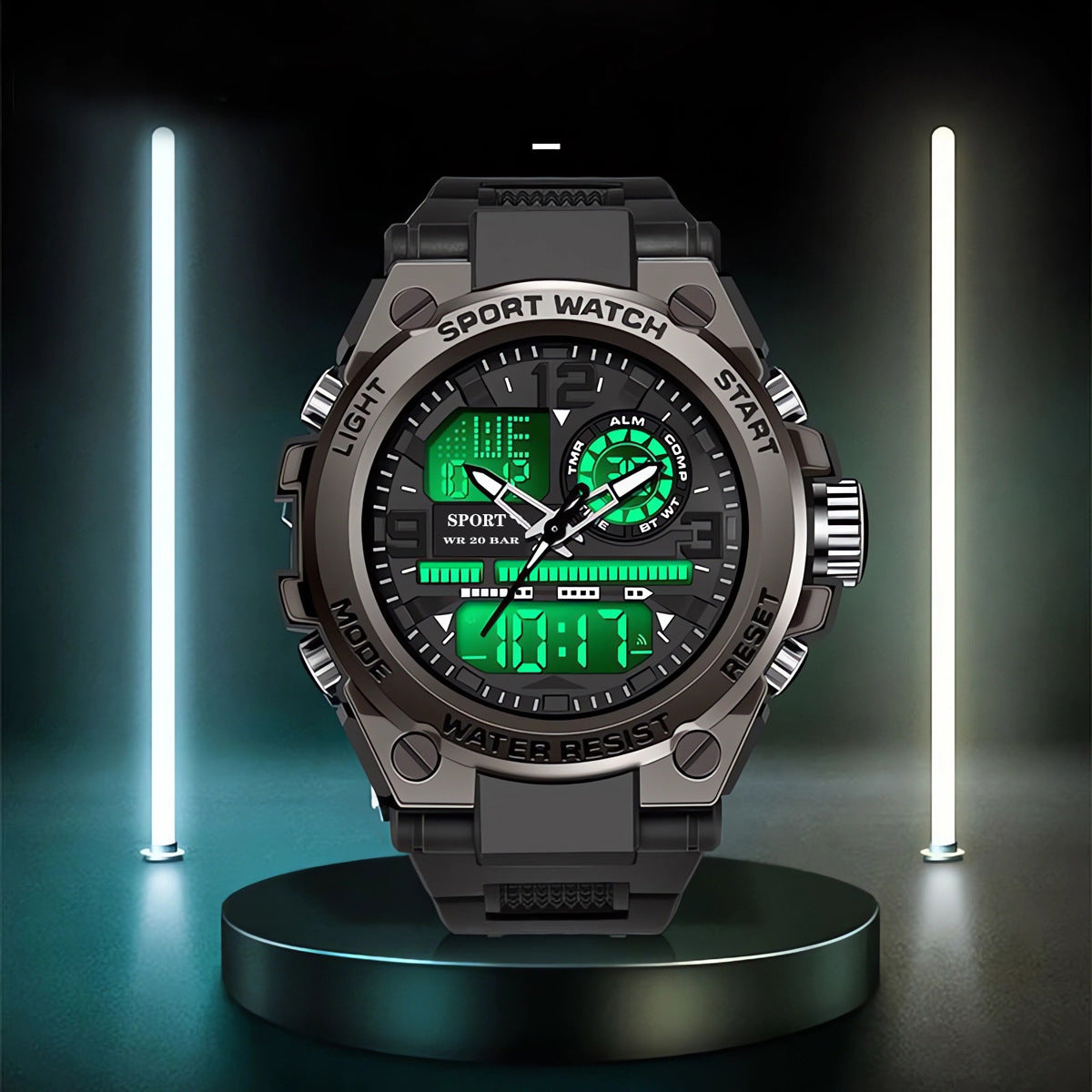 Men's Tactical Sport Watch | Dual Display Digital Analog Military Watch with Alarm, Timer, Compass & 20 BAR Water Resistance