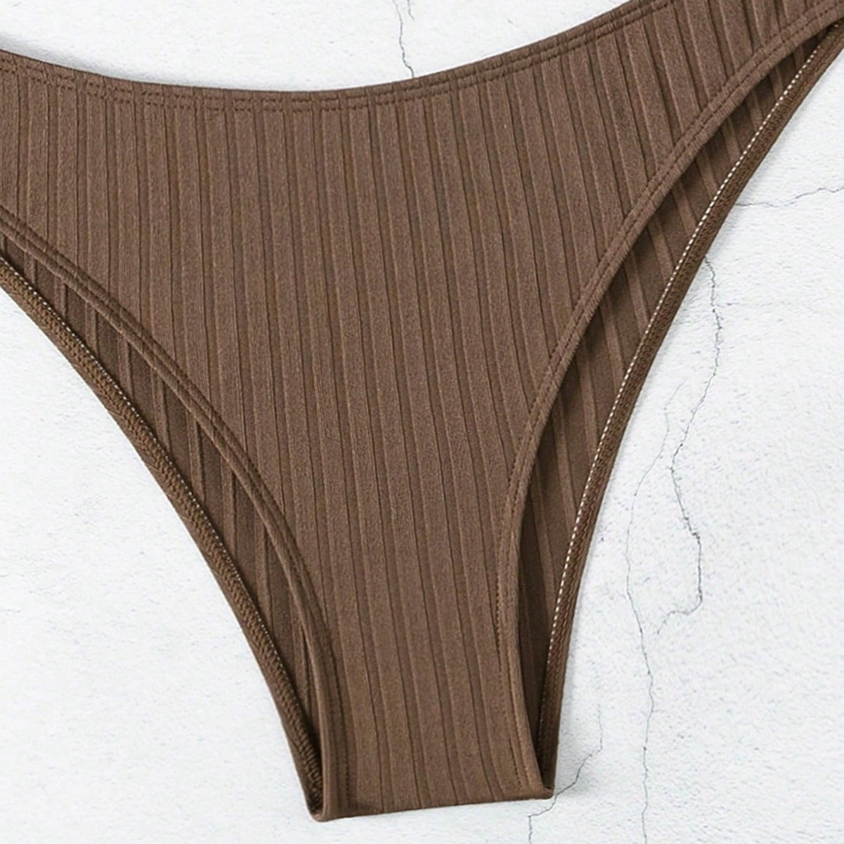 Brown Ribbed Frill Edge Bikini Set, Underwire Bead Strap Top & High Cut Cheeky Bottom, Women Chocolate Textured Swimwear, Boho Wood Bead Beach Swimsuit, Elegant Two Piece Bathing Suit
