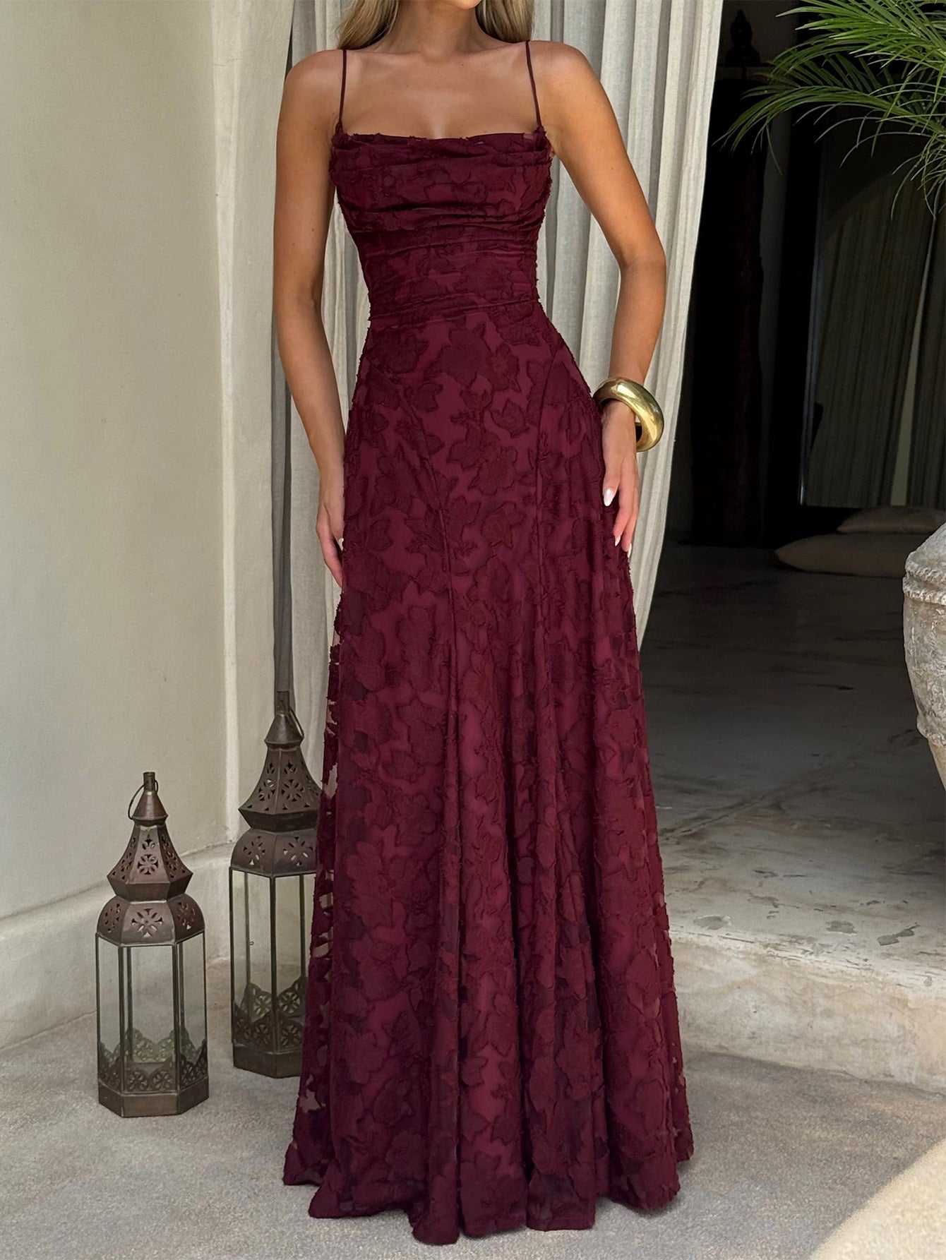 Burgundy Lace Floral Maxi Dress | Spaghetti Strap A-Line Formal Evening Gown