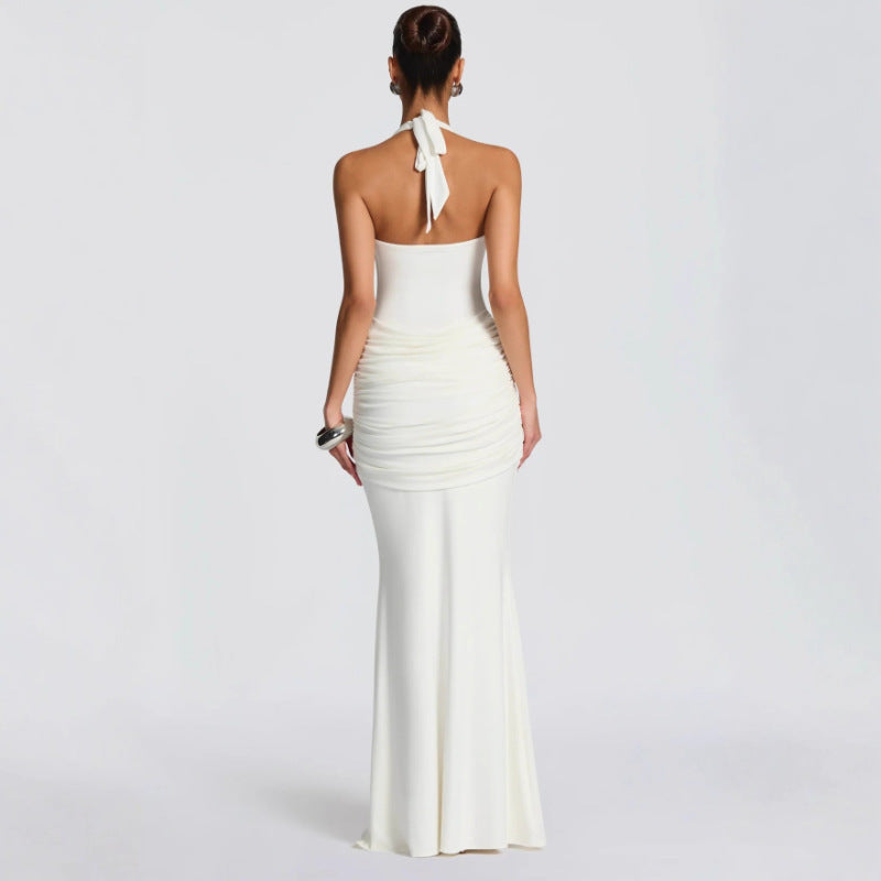 White Halter Neck Maxi Dress | Ruched Twist Front Backless Gown | Elegant Evening Formal Dress for Women