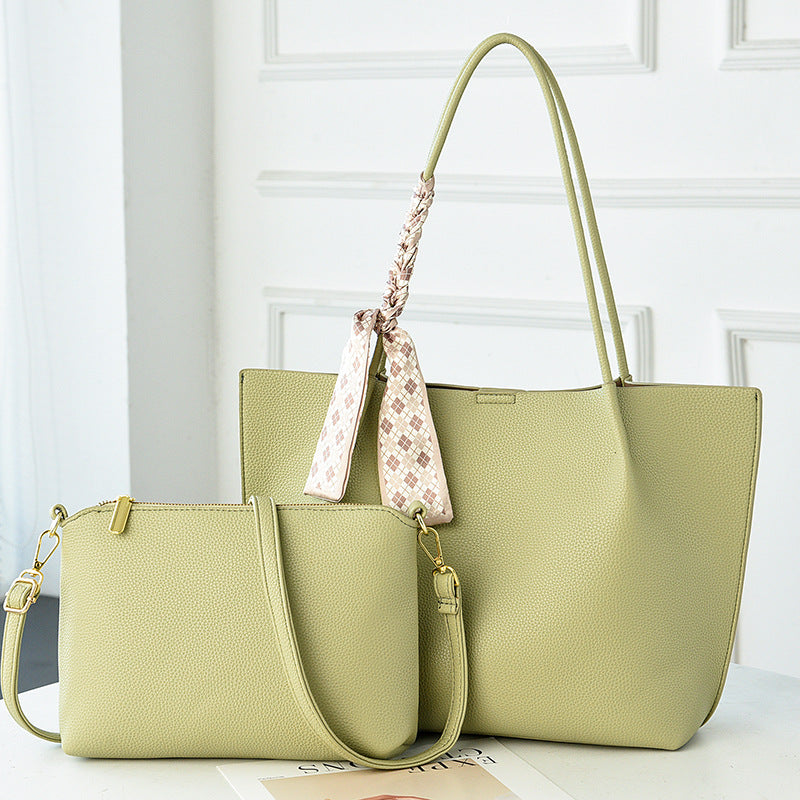 Sage Green Leather Tote Bag Set 2 Piece | Shoulder Bag with Matching Pouch