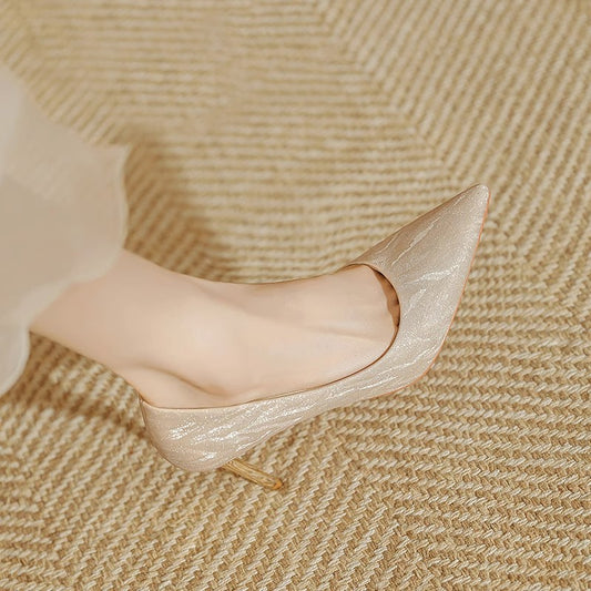 Champagne Glitter Sequin Pointed Toe Stiletto Pumps | Women's Sparkle Slip-On High Heel Shoes | Luxury Bridal Party Heels