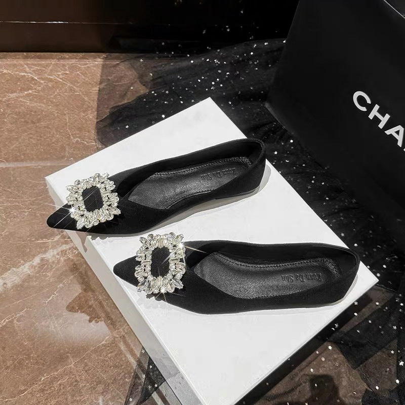 Black Suede Pointed Toe Crystal Brooch Flat Pumps | Rhinestone Square Buckle Embellished Slip-On Ballet Flats for Women