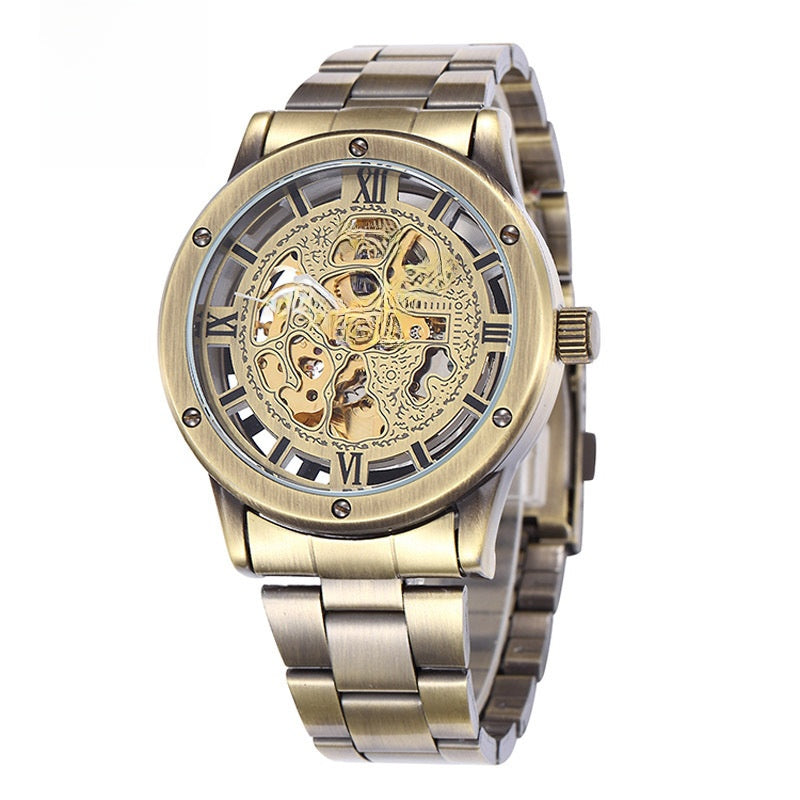 Shenhua Bronze Skeleton Automatic Mechanical Watch Brown Leather Tachymeter Bezel | Men Vintage Steampunk Transparent Dial Luxury Wrist Watch