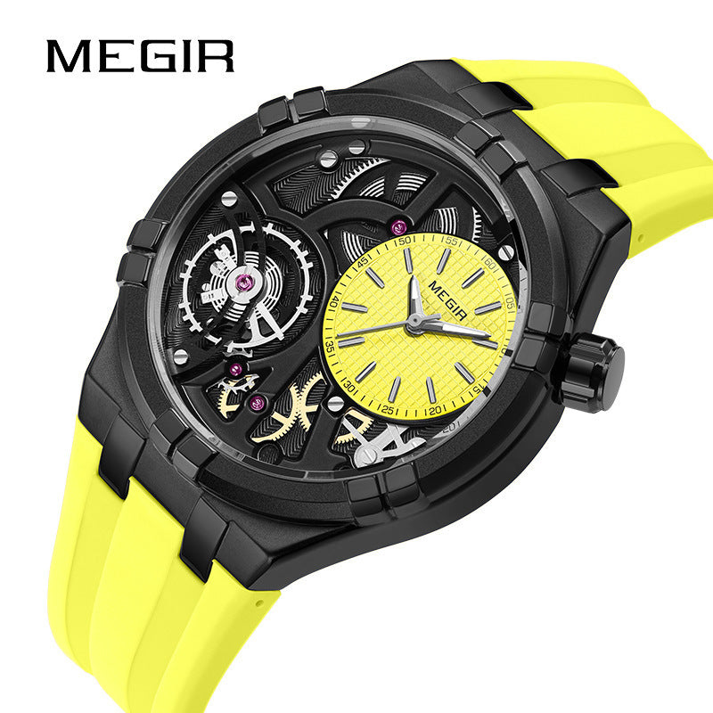 MEGIR Skeleton Watch for Men | Rainbow Dial Luxury Sport Quartz Watch Black Silicone