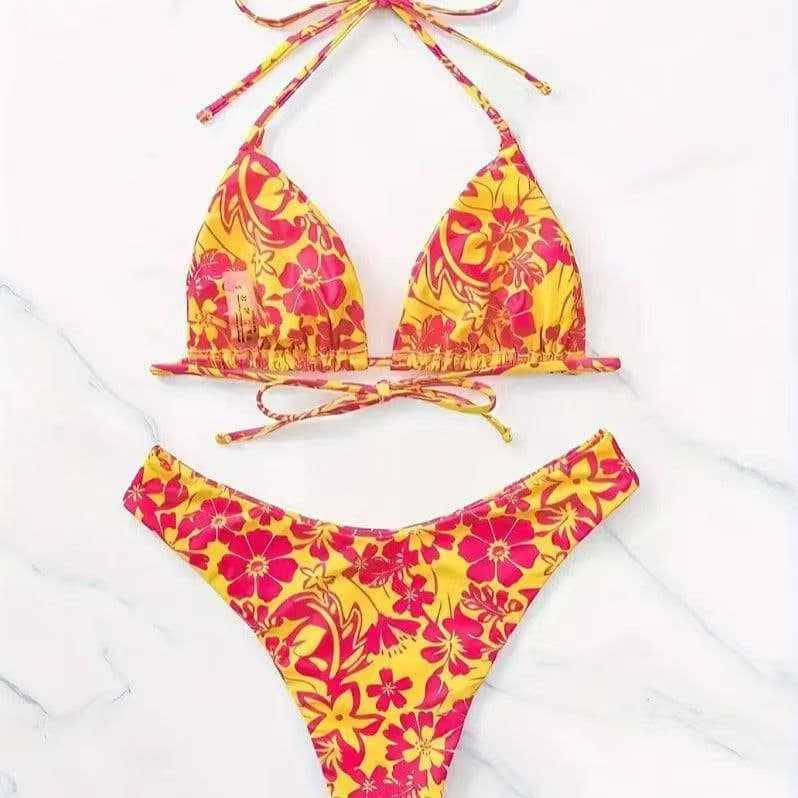 Yellow Red Tropical Floral Bikini Set | Triangle Halter Top High Cut Bottom Swimsuit | Women's Vibrant Hawaiian Swimwear