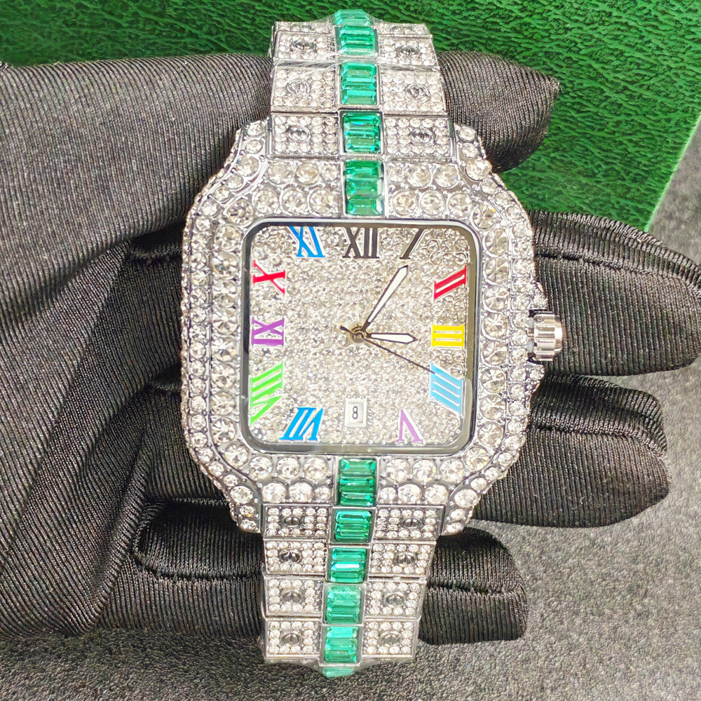 Iced Out Square Watch Men | Black CZ Blue Sapphire Baguette | Roman Numeral Blue Pave Dial | Hip Hop Luxury Date Watch