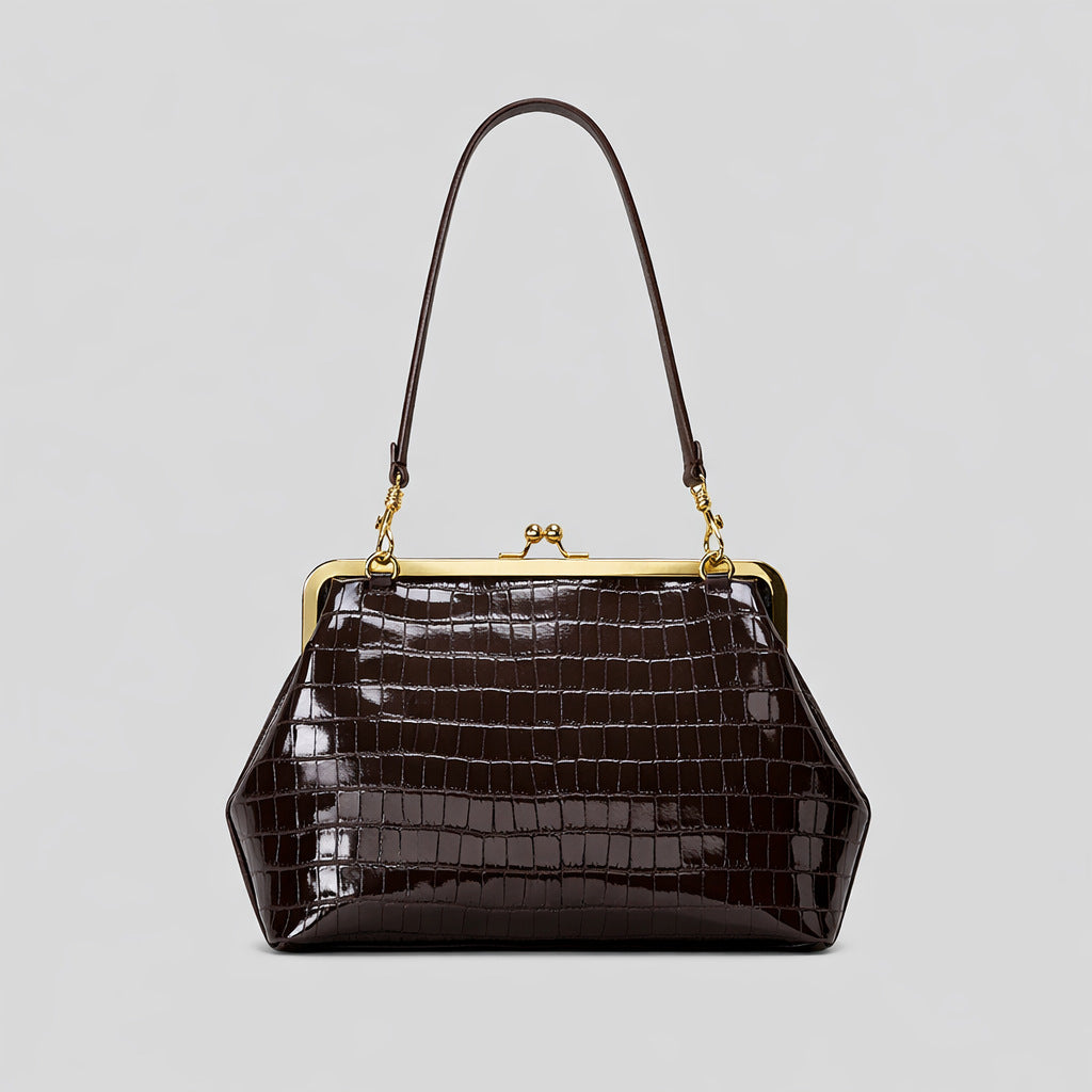 Oversized Black Kiss Lock Frame Bag | Gold Clasp Shoulder Bag for Women | Vintage Doctor Style Clutch Handbag