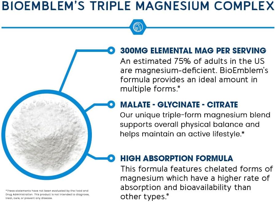 BioEmblem تركيبة المغنيسيوم الثلاثية 300 ملغ (عبوتان) | 90 كبسولة نباتية | مالات + جلايسينات + سيترات عالية الامتصاص مكمل غير معدّل وراثيًا
