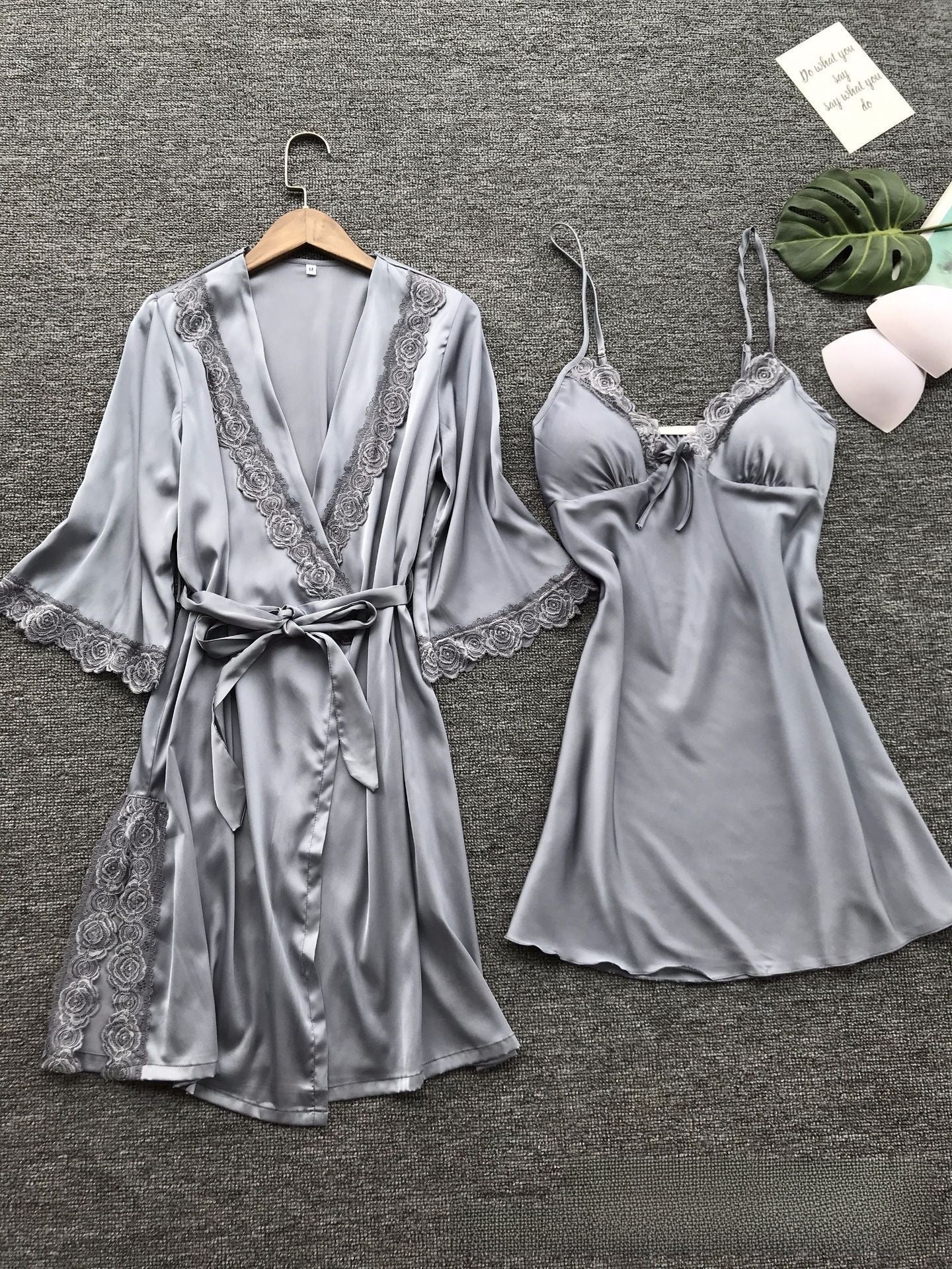 Women's Gray Satin Rose Lace Trim Robe & Slip Nightgown Set ? Luxury 2-Piece Bridal Sleepwear Set