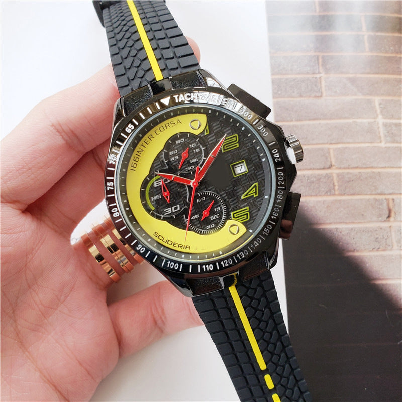 Men's Scuderia Racing Chronograph Watch | 166 Inter Corsa Tachymeter Black Yellow Carbon Dial | Red Hands Date Rubber Strap Sport Timepiece
