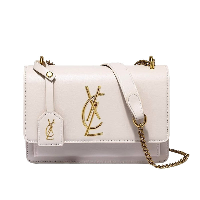 White Leather Crossbody Bag - Designer Inspired Flap Bag with Gold Logo Hardware | Chain Strap Shoulder Bag with Dust Bag