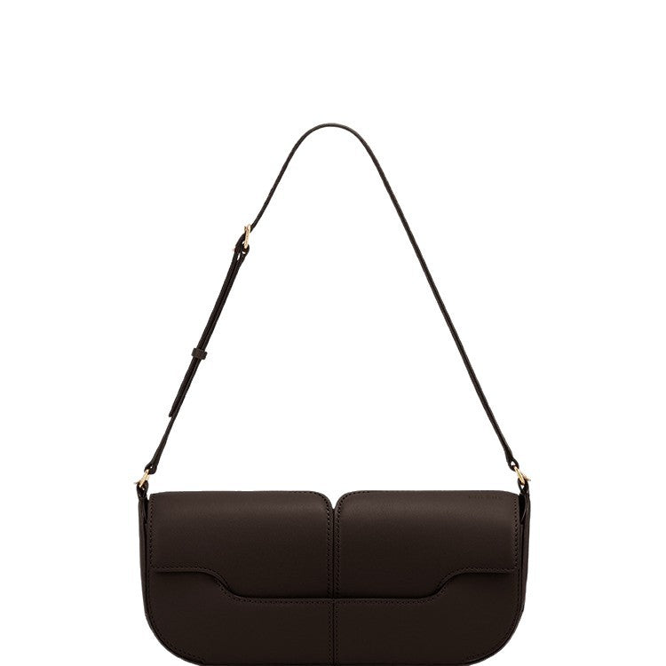 Polene Genuine Leather Black Leather Baguette Bag | Minimalist Shoulder Bag with Flap Closure