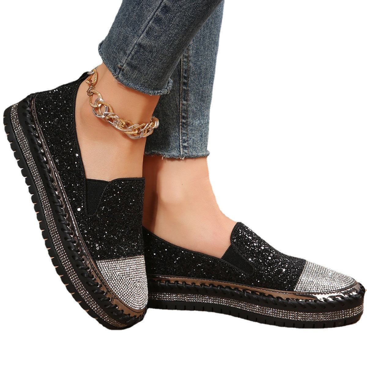 Rose Gold Glitter Rhinestone Platform Slip-On Sneakers for Women | Sequin Sparkle Flatform Loafer Shoes | Crystal Embellished Chunky Sole Casual Shoes | Glamorous Everyday Sneakers