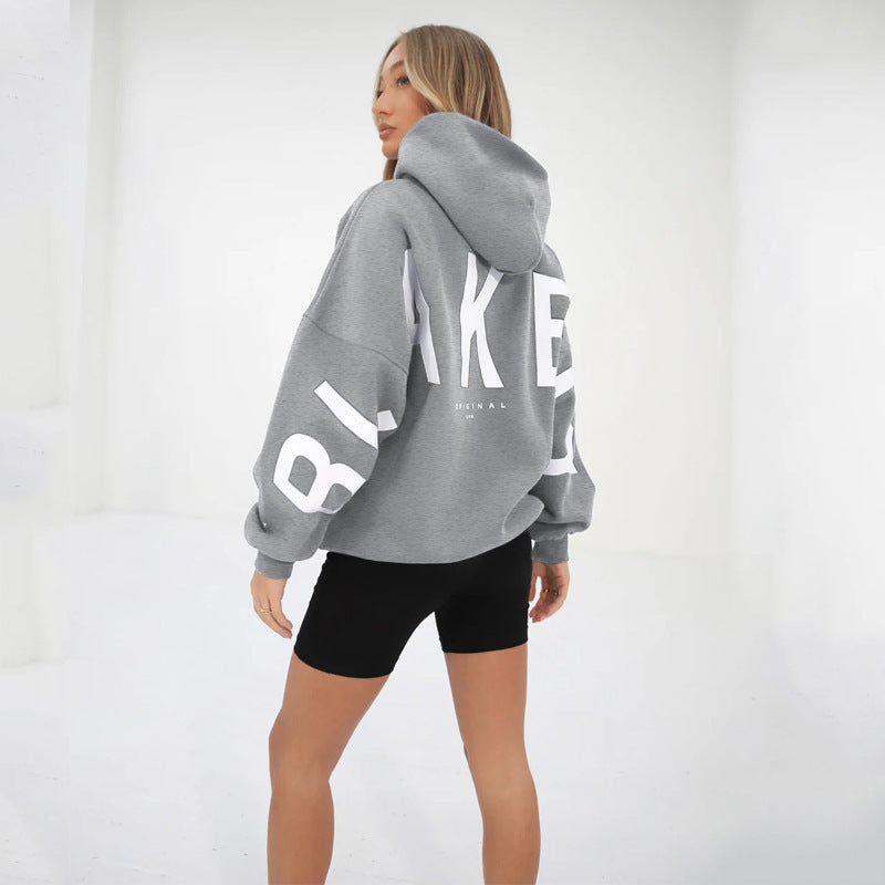 Blakey Originals Oversized Hoodie | Camel Tan Letter Print Pullover | Women's Streetwear Fleece Sweatshirt | Casual Aesthetic Fashion